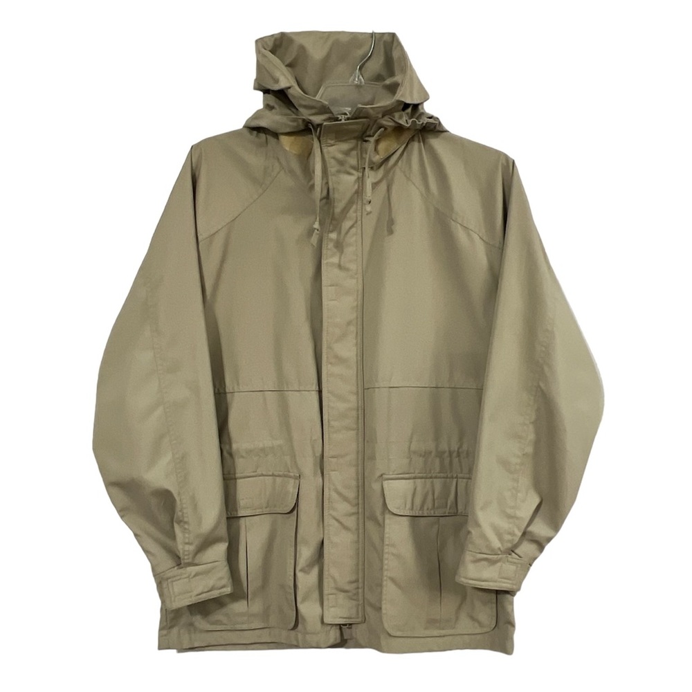 London Towne Women’s Vintage Jacket Size M Tan Hooded Full Zipper Flannel Cinch